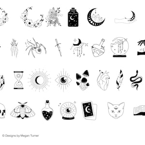 May include: A set of 24 black and white illustrations featuring various mystical and occult symbols, including a crescent moon, a spider, a heart, a crystal, a snake, a sword, a feather, a skull, a moth, a potion bottle, an eye, a tarot card, a cat, and a book. The illustrations are ideal for use in digital or physical projects.