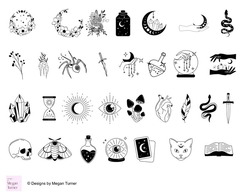 May include: A set of 24 black and white illustrations featuring various mystical and occult symbols, including a crescent moon, a spider, a heart, a crystal, a snake, a sword, a feather, a skull, a moth, a potion bottle, an eye, a tarot card, a cat, and a book. The illustrations are ideal for use in digital or physical projects.