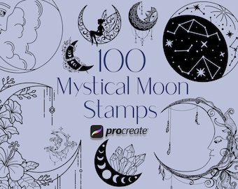 100 Mystical Moon Procreate Stamps: Celestial, Witchcraft (Digital Download)