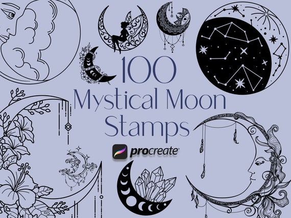 100 Mystical Moon Procreate Stamps: Celestial, Witchcraft (Digital Download)