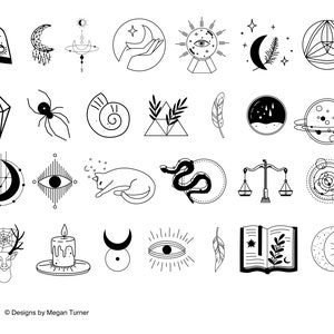 May include: A set of 25 black and white illustrations featuring various mystical and occult symbols, including a crescent moon, a spider, a snake, a crystal, a candle, an eye, scales, and a book.