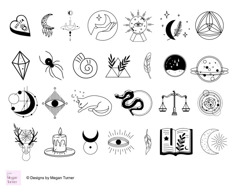 May include: A set of 25 black and white illustrations featuring various mystical and occult symbols, including a crescent moon, a spider, a snake, a crystal, a candle, an eye, scales, and a book.