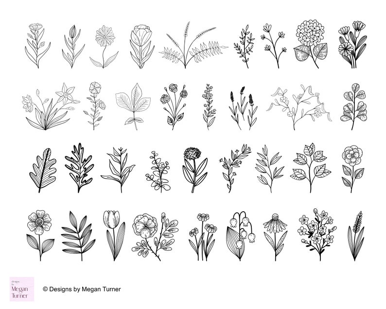 May include: A set of 30 black and white line drawings of various flowers and plants. The drawings are simple and elegant, and would be perfect for use in a variety of creative projects.