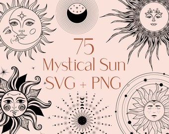 May include: A set of 75 mystical sun illustrations in black and white. The illustrations feature various sun designs with faces, rays, and celestial elements. The text "75 Mystical Sun SVG + PNG" is displayed in the center of the image.