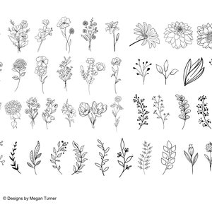 May include: A set of 36 black and white line drawings of various flowers, leaves, and branches. The drawings are simple and elegant, and would be perfect for use in a variety of creative projects.
