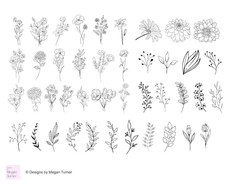 May include: A set of 36 black and white line drawings of various flowers, leaves, and branches. The drawings are simple and elegant, and would be perfect for use in a variety of creative projects.