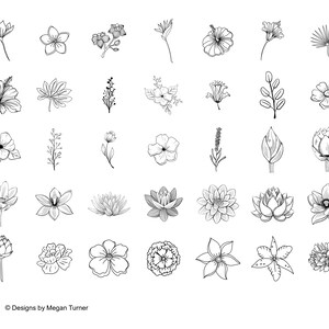 May include: A set of 40 black and white line drawings of various flowers, including hibiscus, lilies, and other floral designs. The drawings are simple and elegant, and would be perfect for use in a variety of creative projects.