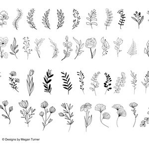 May include: A set of 40 black and white line drawings of various floral and botanical elements. The drawings are simple and elegant, and would be perfect for use in wedding invitations, stationery, or other creative projects.