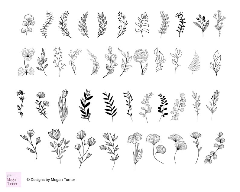 May include: A set of 40 black and white line drawings of various floral and botanical elements. The drawings are simple and elegant, and would be perfect for use in wedding invitations, stationery, or other creative projects.