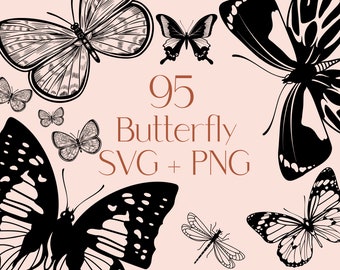 May include: A set of 95 black and white butterfly illustrations in SVG and PNG format. The butterflies are drawn in a detailed, realistic style.