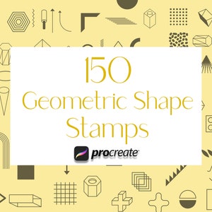 Puede incluir: Un fondo amarillo con 150 formas geométricas en negro y marrón. El texto "150 Geometric Shape Stamps" está en dorado. El logotipo de Procreate está en la esquina inferior derecha.