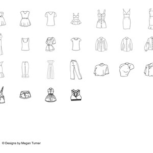 May include: A set of 25 line drawings of different clothing items, including dresses, shirts, pants, and shorts. The drawings are all in black and white and are on a white background. The text "Clothes" and "Designs by Megan Turner" is at the bottom of the image.