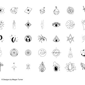 K&ouml;nnte beinhalten: Ein Set mit 36 Schwarzwei&szlig;-Illustrationen im mystischen Line-Art-Stil. Die Illustrationen beinhalten eine Vielzahl von Symbolen wie Augen, Monde, Sterne, Kristalle und H&auml;nde. Die Illustrationen eignen sich perfekt f&uuml;r den Einsatz in einer Vielzahl von kreativen Projekten wie Tattoos, Stickern und digitaler Kunst.