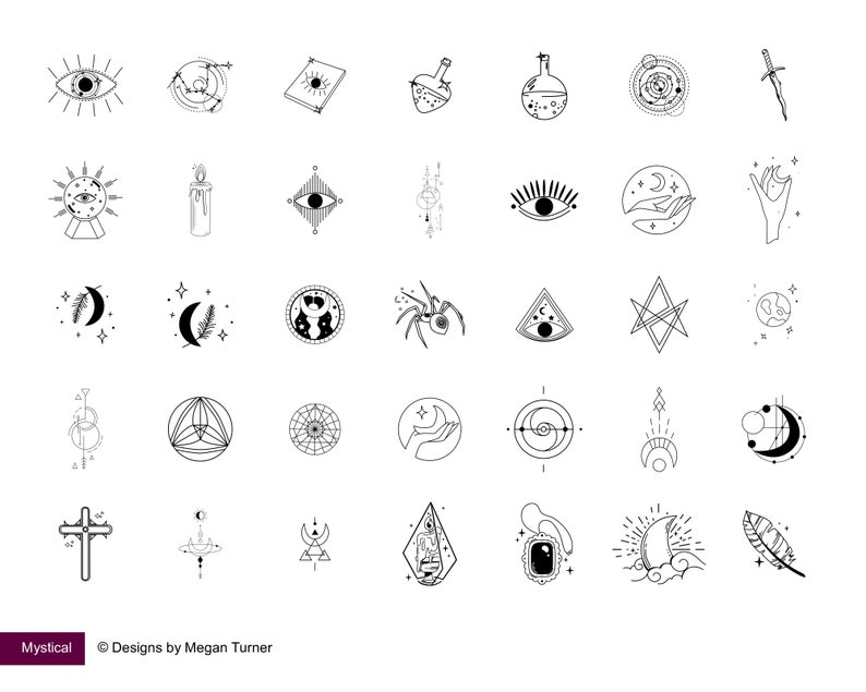 K&ouml;nnte beinhalten: Ein Set mit 36 Schwarzwei&szlig;-Illustrationen im mystischen Line-Art-Stil. Die Illustrationen beinhalten eine Vielzahl von Symbolen wie Augen, Monde, Sterne, Kristalle und H&auml;nde. Die Illustrationen eignen sich perfekt f&uuml;r den Einsatz in einer Vielzahl von kreativen Projekten wie Tattoos, Stickern und digitaler Kunst.