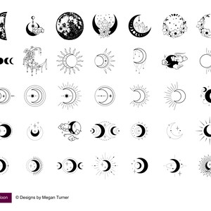May include: A collection of black and white celestial illustrations featuring moons, suns, and stars. Designs include full moons, crescent moons, and sunbursts, with floral and crystal accents. The text "Mystical Moon" and the designer's name are at the bottom.