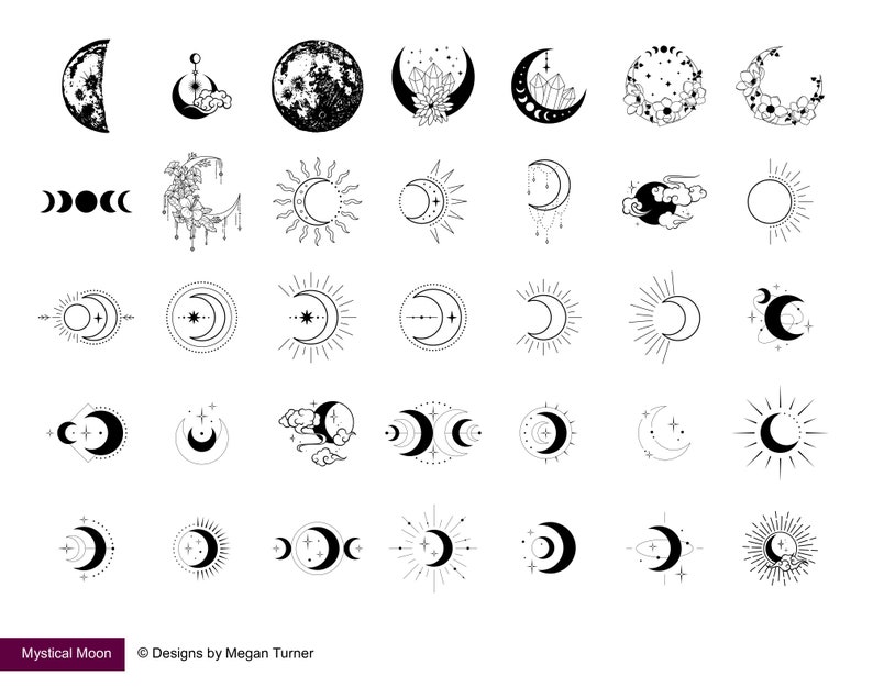 May include: A collection of black and white celestial illustrations featuring moons, suns, and stars. Designs include full moons, crescent moons, and sunbursts, with floral and crystal accents. The text "Mystical Moon" and the designer's name are at the bottom.