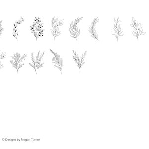 May include: A set of 14 black and white line drawings of various floral and leafy designs. The designs are simple and elegant, and would be perfect for use in wedding invitations, stationery, or other projects.