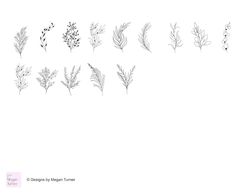 May include: A set of 14 black and white line drawings of various floral and leafy designs. The designs are simple and elegant, and would be perfect for use in wedding invitations, stationery, or other projects.