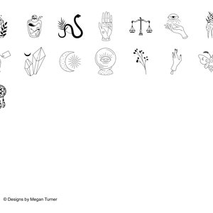 K&ouml;nnte beinhalten: Ein Set mit 14 Schwarzwei&szlig;-Illustrationen mystischer Symbole, darunter ein Kristall, eine Flasche, eine Schlange, eine Hand, eine Waage, ein Auge, Federn, ein Mond, eine Sonne, eine Kristallkugel, eine Blume, eine Hand, ein Nachtfalter und ein Traumf&auml;nger.