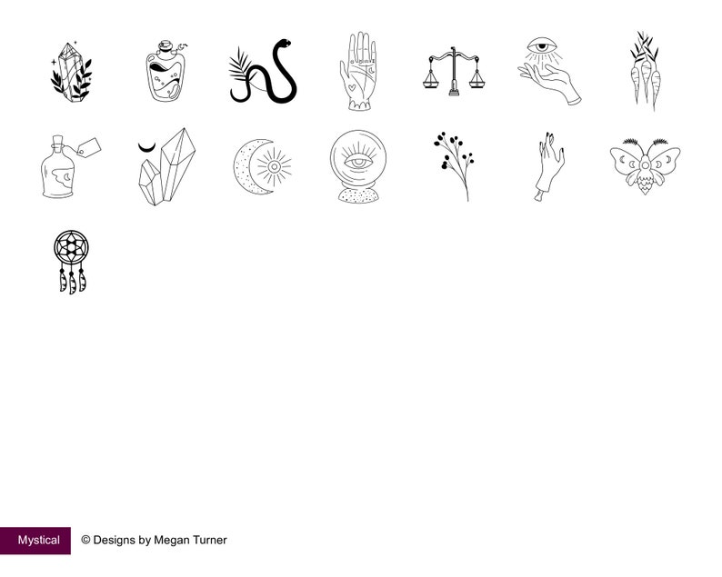 K&ouml;nnte beinhalten: Ein Set mit 14 Schwarzwei&szlig;-Illustrationen mystischer Symbole, darunter ein Kristall, eine Flasche, eine Schlange, eine Hand, eine Waage, ein Auge, Federn, ein Mond, eine Sonne, eine Kristallkugel, eine Blume, eine Hand, ein Nachtfalter und ein Traumf&auml;nger.