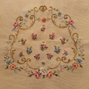 Shaped Chair Seat with Scrolls and Miniature Posies, Needlepoint Kit, Tapestry Kit, Needlepoint, Beverly Trammed Tapestry