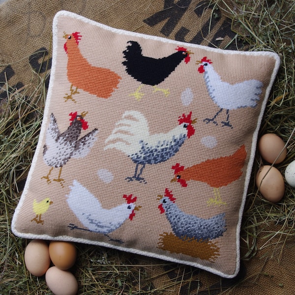 Needlepoint Kit, Tapestry Kit, Tapestry Cushion, Needlepoint Pillow,  Traditional Chicken Breeds, Hens Kit, Chicken Sampler kit,