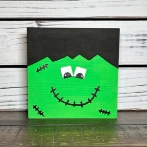Halloween Wood Shelf Sitter, Cute Frankenstein Wood Block Shelf Sitter, 5&quot; x 5&quot; Frankenstein Shelf Sitter, Frankenstein Tiered Tray Decor