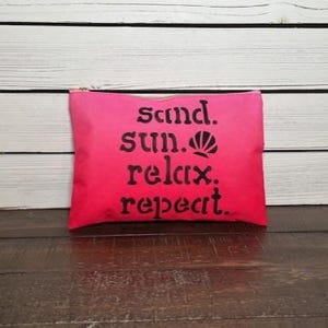 Pink Canvas Pouch, Pink Cosmetic Bag, Pink Zippered Canvas Pouch, Beach Themed Toiletry Pouch, Pink Summer Themed Cosmetic Bag