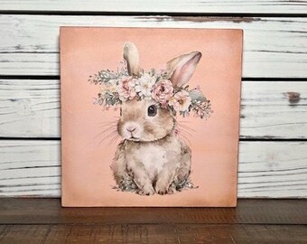 Vintage Style Bunny Home Decor, Vintage Style Bunny Wall Art, 8"x8" Wood Bunny Sign, Easter Home Decor, Easter Wall Art, Floral Bunny Sign