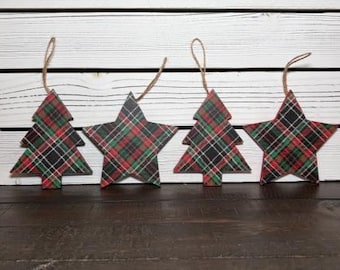 Plaid Wood Ornaments, Set of Four Plaid Ornaments, Christmas Ornaments, Classic Christmas Ornaments, Plaid Star and Tree Ornaments, Gifts