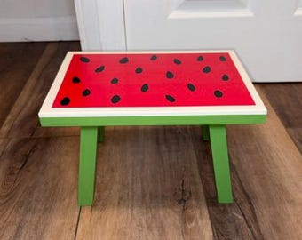 Watermelon Decorative Step Stool, Wood Stool, Hand Painted Watermelon Stool