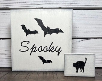 Halloween Decor, Halloween Bats and Cat Wood Block Set, Two Piece Halloween Shelf Sitter Set, Halloween Tiered Tray Set