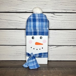 Wood Block Snowman, Snowman Decor, Winter Snowman Decor, Wood Block Snowman With Blue Plaid Hat and Scarf