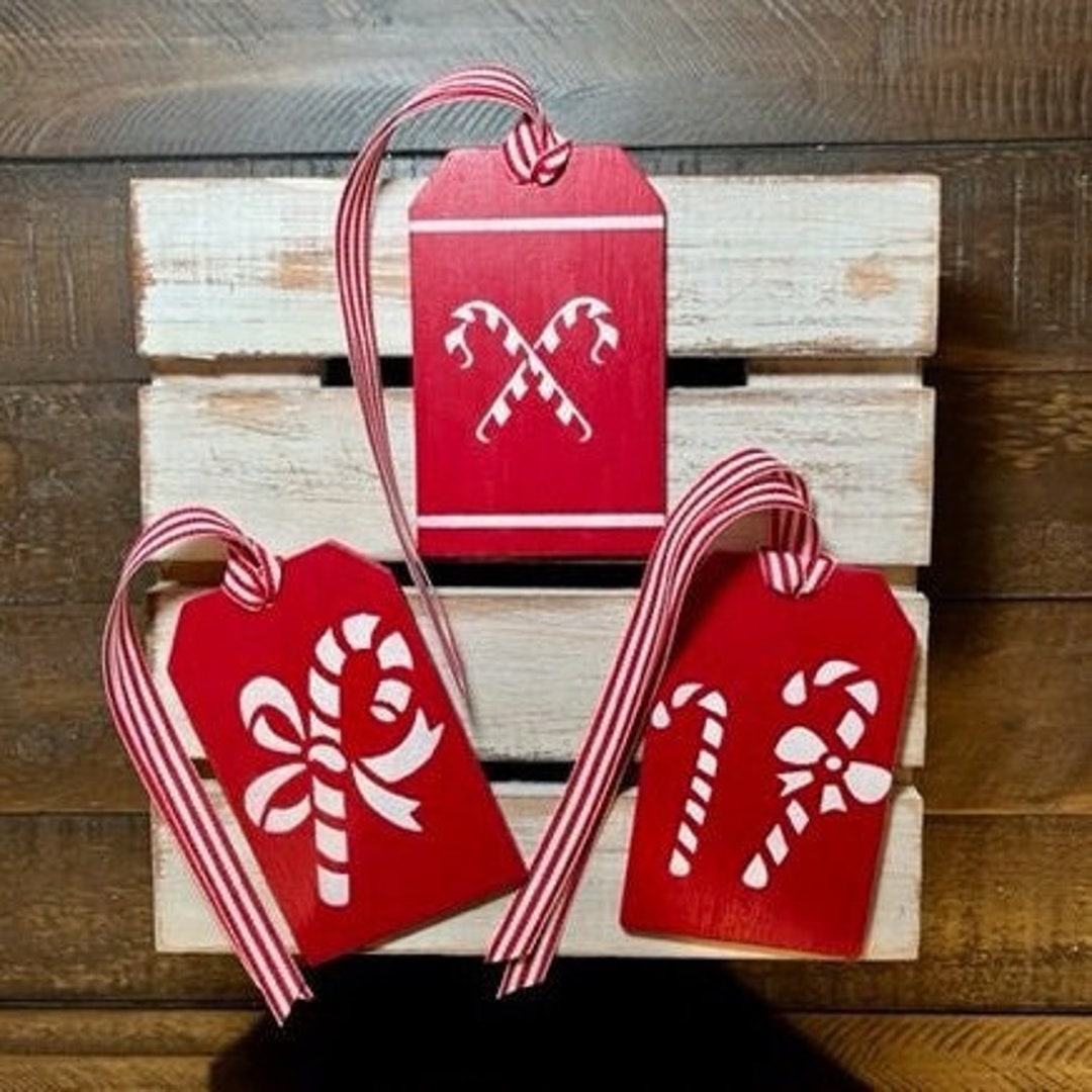 Christmas Wood Gift Tags With Ribbons, Candy Cane Gift Tags With