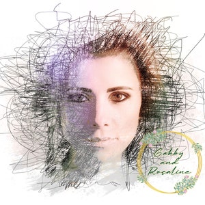 May include: Digital art portrait of a woman with a half-face sketch overlay. The sketch is composed of black scribbled lines. The other half of the face is a realistic portrait. The image includes the text "Gabby and Rosaline" in a gold circular frame.