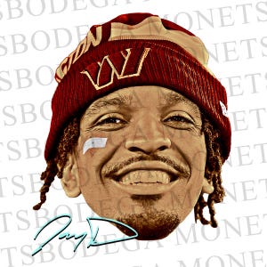 May include: A digitally created image of a smiling person wearing a burgundy and cream-colored beanie with the letter "W" on the front. The person has a small bandage on their face and a signature at the bottom.