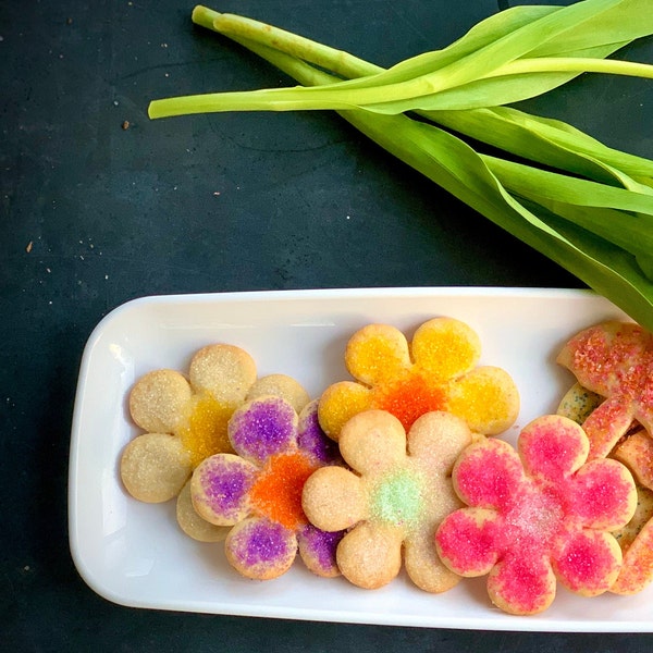 Flower Cookies (Sugar Cut Out Cookies) for Spring: 1 dozen mix of flowers, umbrellas, and watering cans, boxed with ribbon & note