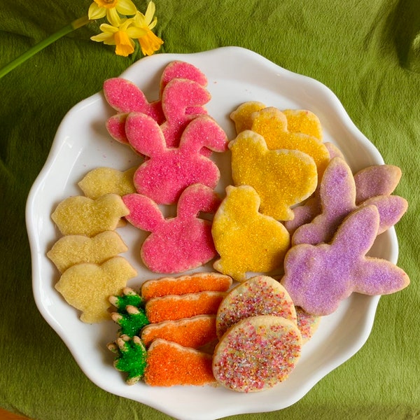 Spring / Easter Cookies: 1 dozen Box of Sugar Cut Out Cookies in shapes of Bunnies, Chicks, and Eggs, Boxed with Pastel Ribbon and Note