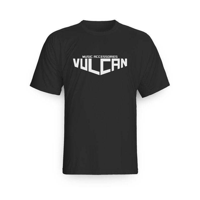 May include: Black t-shirt with white text that reads "MUSIC ACCESSORIES VULCAN".