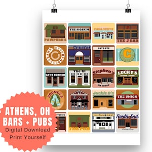 Athens Ohio Bars & Pubs Digital Design - Ohio University Poster - Pawpurrs, Crystal, CI, Courtside, Luckys, Jackie O&#39;s, Tony&#39;s, J Bar, Stal