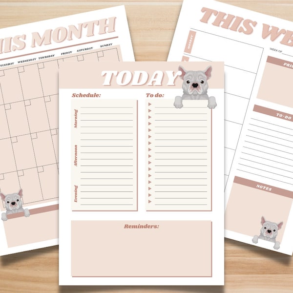 Bulldog Printable Digital Planners: Daily, Weekly, Monthly To Do List, Calendar, Life Organizer, ADHD, Prioritization, Dog Mom Work Print