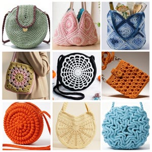 Könnte beinhalten: Eine Sammlung handgefertigter Häkeltaschen in verschiedenen Formen und Farben. Die Taschen umfassen eine runde grüne Tasche mit Klappe, eine rosa geometrische Tragetasche, eine blaue Tragetasche mit Rautenmuster und eine quadratische Blumentasche.