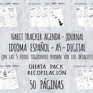 Pack recopilatorio de actividades para llevar un registro de hábitos en español. Diario. Organizador imprimible. PDF A5 DIGITAL. 50 páginas complementarias (1, 2, 3, 4 y 5)
