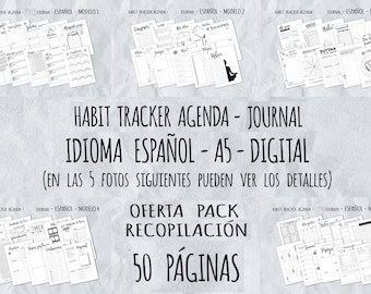 Compilation pack offer spanish habit trackers - Journal. Printable Organizer. PDF A5 DIGITAL. 50 supplementary pages (1, 2, 3, 4 y 5)