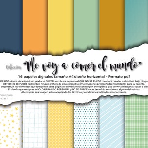 Pack 16 digital papers printable &quot;Me voy a comer el mundo&quot; - Digital papers scrapbooking, junk journal, journals...