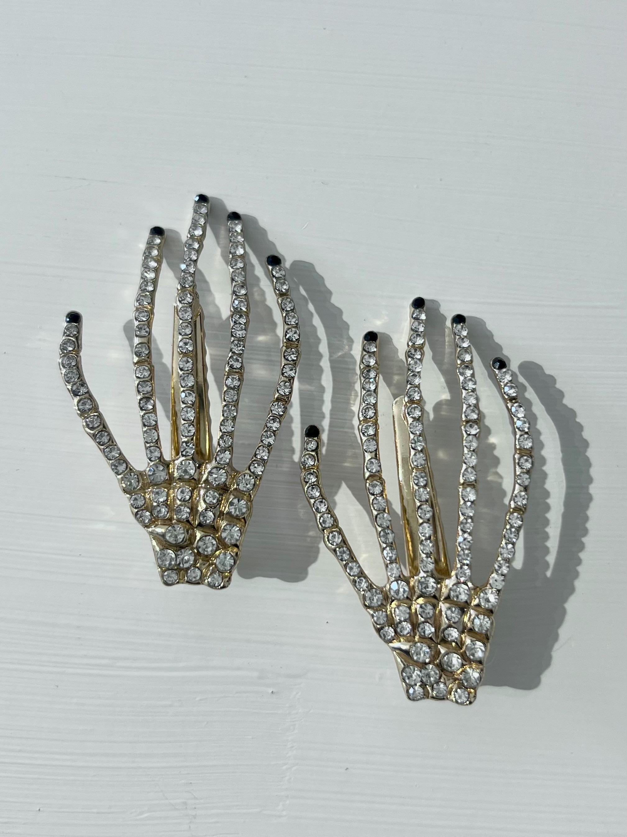 Skeleton hands Halloween hair clips rhinestone studded gold​​ Red Nail New x2 Amazon.com : 6 Pcs Halloween Rhinestone Skeleton Hand Hair  main image 3