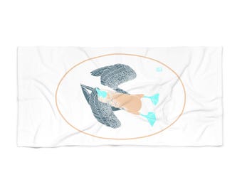 Serviette de plage illustration de fou à pattes bleues | Conception d'oiseaux tropicaux en bord de mer