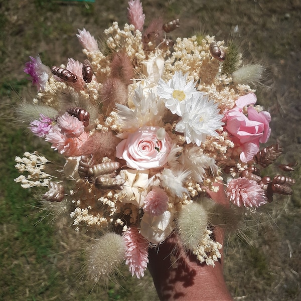 bouquet fleurs séchées Louisette sche sec préservé hortensia rose stabilisé mariage or