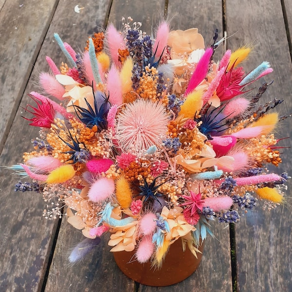 Ramo de flores secas de colores Lynette, rosa, fucsia, naranja, regalo para niña de boda, ramo de flores, arreglos florales secos para novia.