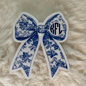 Trendy toile blue bow Coquette Bow with monogram Sticker, Coquette Sticker, magnet, Trendy pink bow, vinyl Soft Girl Era